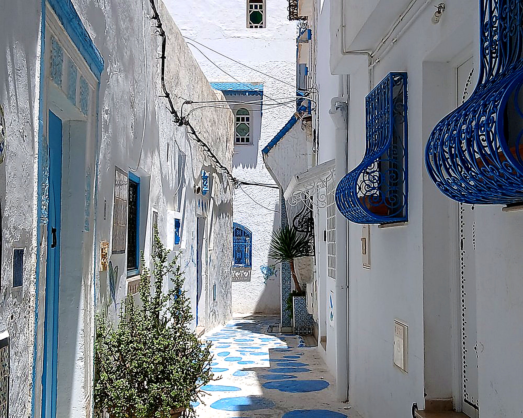 Whitewashed alley with blue balconies, Hammamet old town
