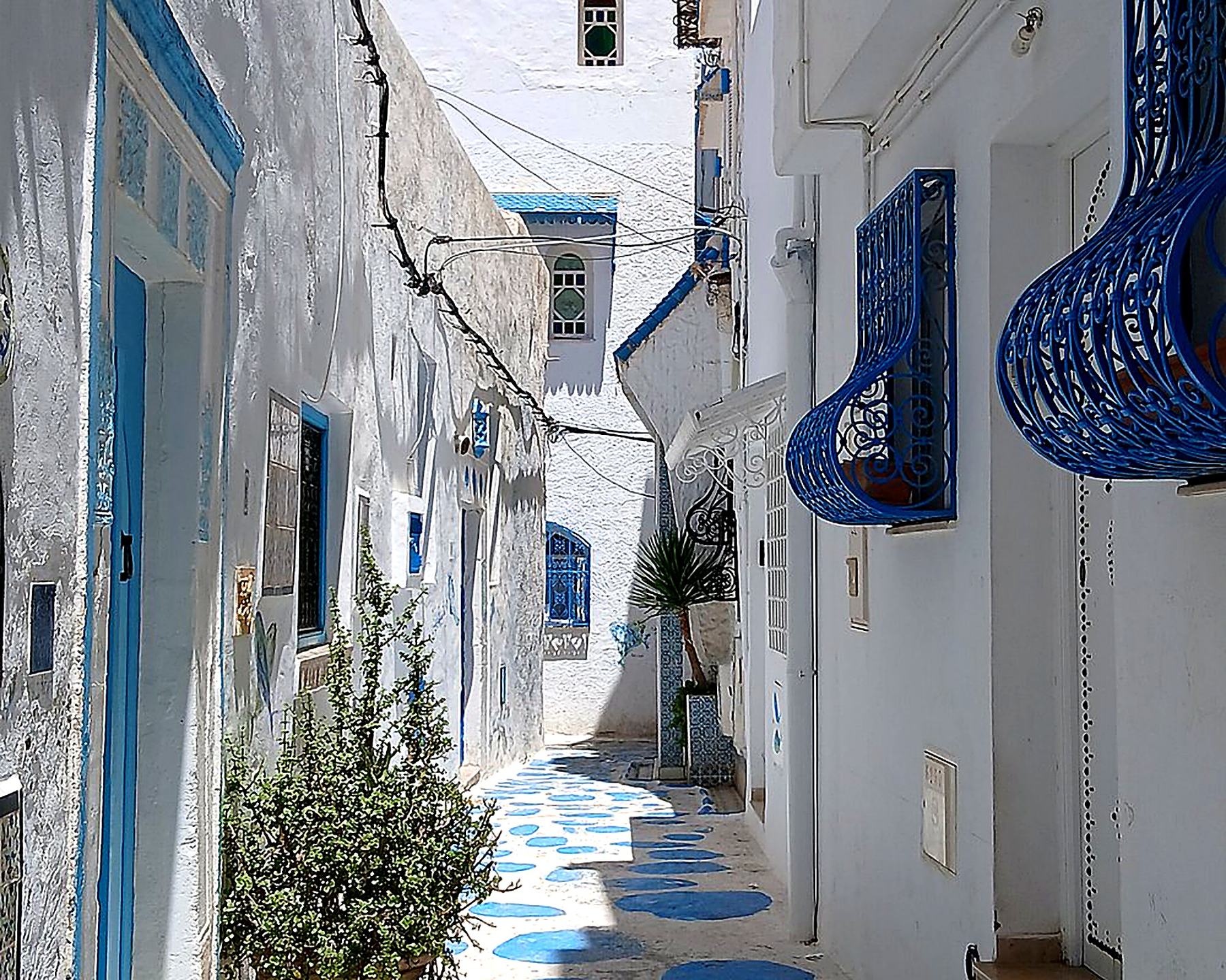 Whitewashed alley with blue balconies, Hammamet old town