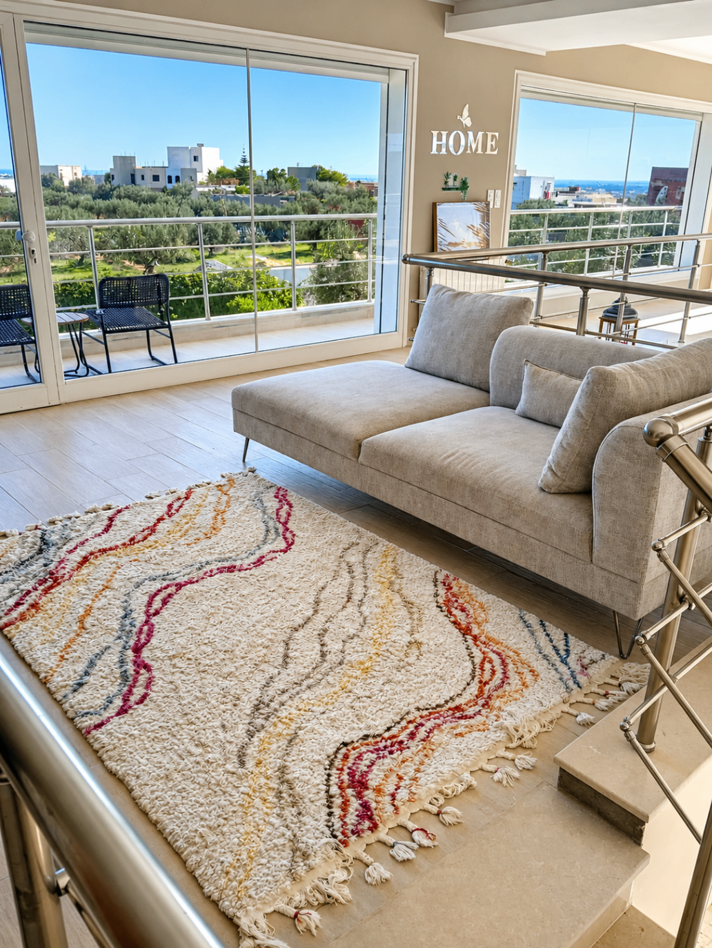 Upper floor lounge with Berber rug and panoramic windows
