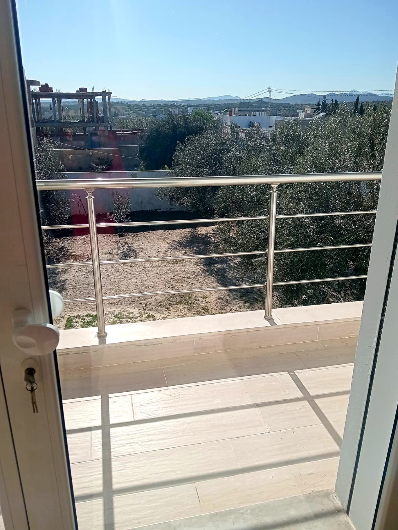 Balcony view over olive trees towards the hills