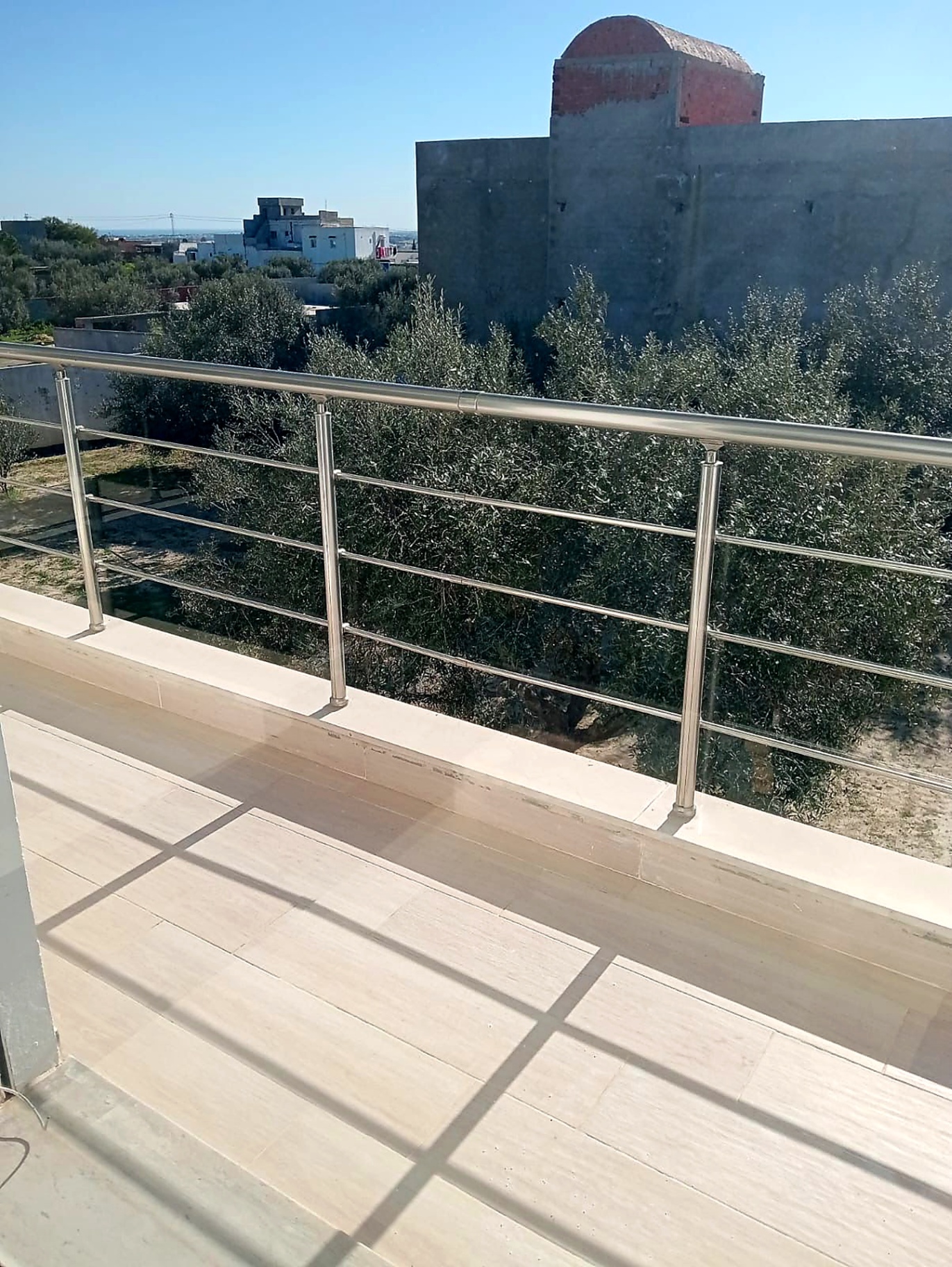 Upper terrace with stainless railing overlooking the olive grove