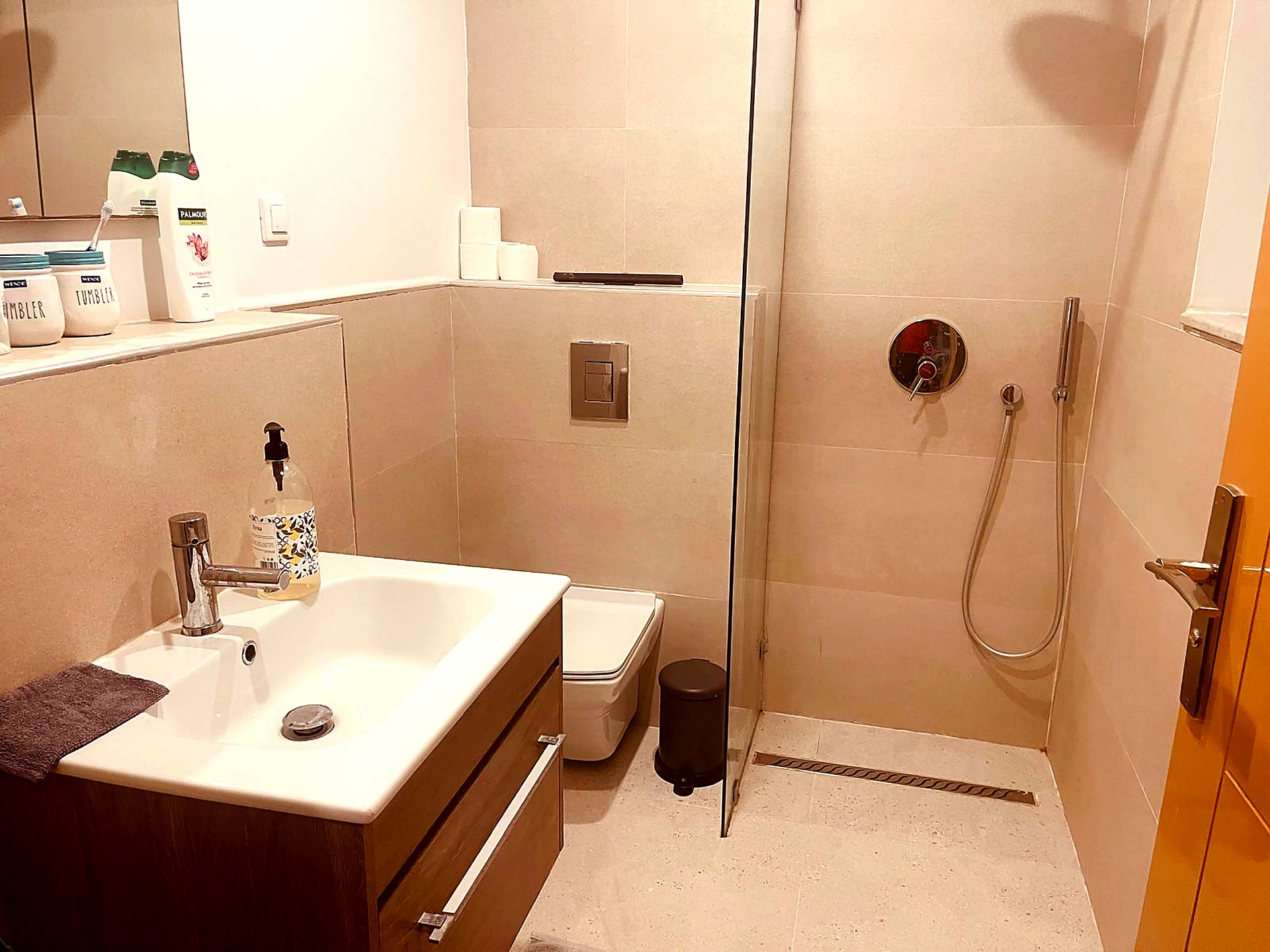 Modern bathroom with walk-in rain shower and wooden vanity