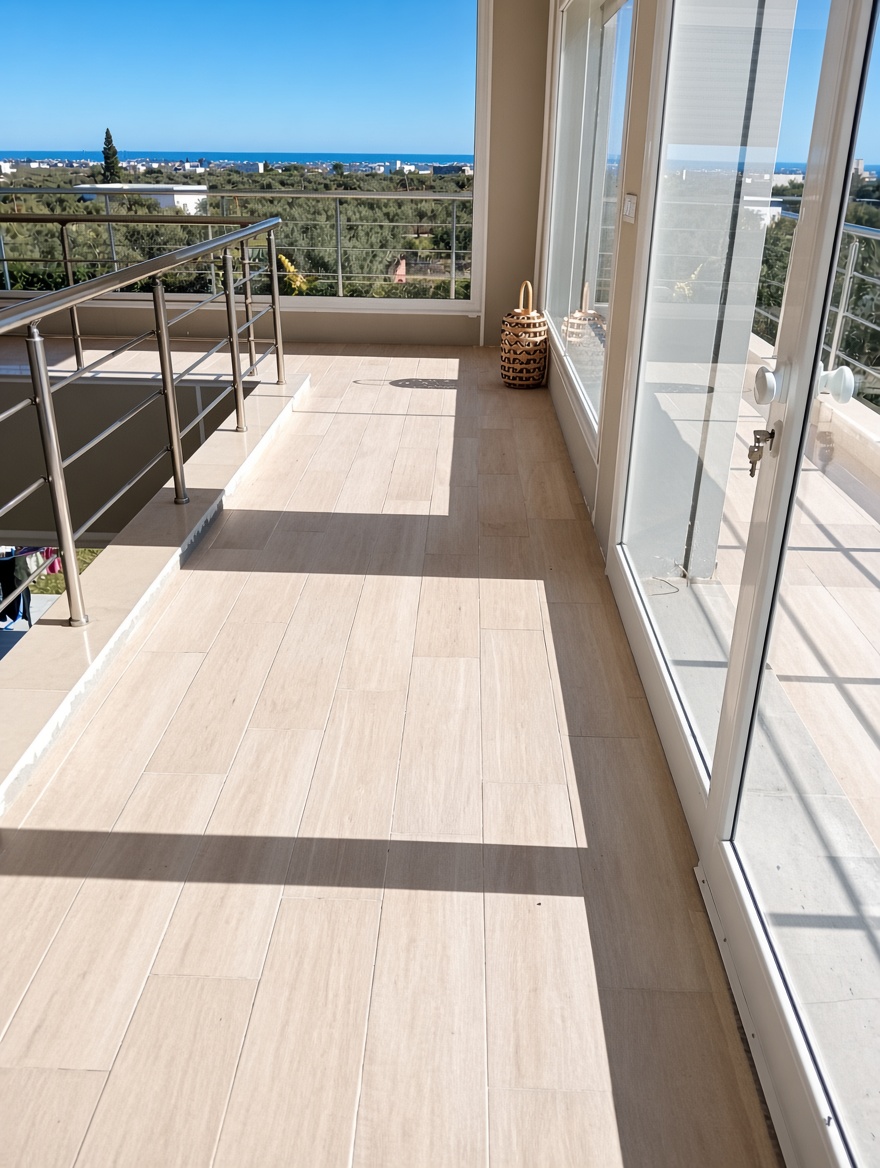Long upper terrace in travertine tiling with sea and olive grove views