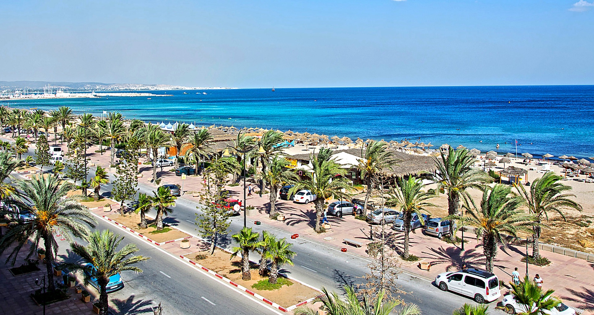 Palm-lined seafront promenade in Yassmine Hammamet