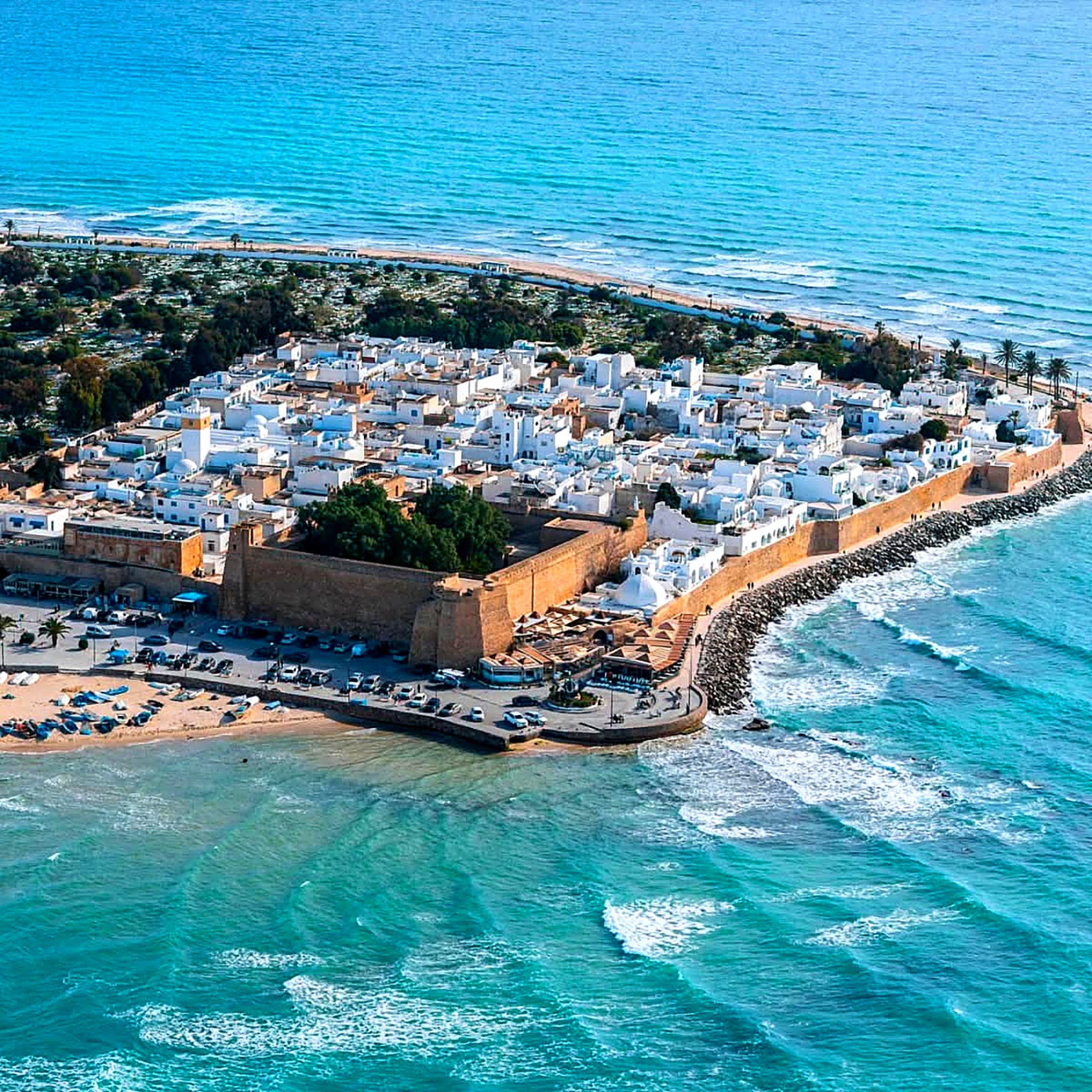 Aerial view of the medina surrounded by turquoise sea