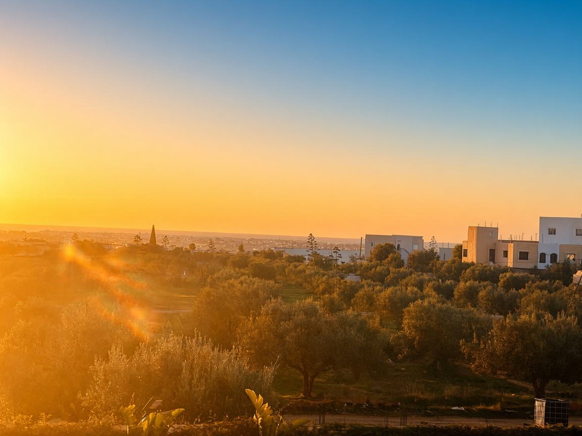Golden sunset over the olive groves and the sea from the villa