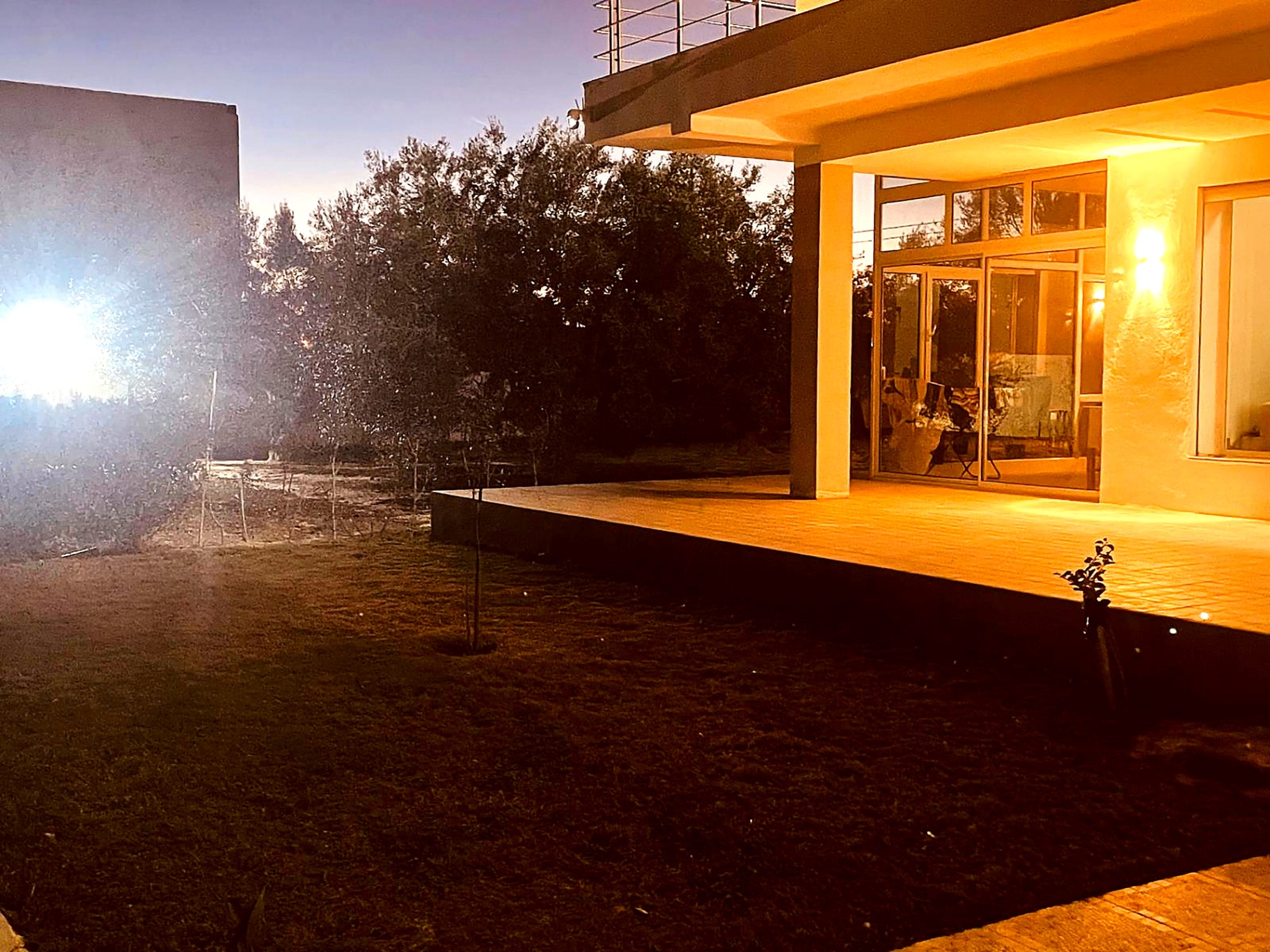 Villa terrace and olive garden illuminated at dusk