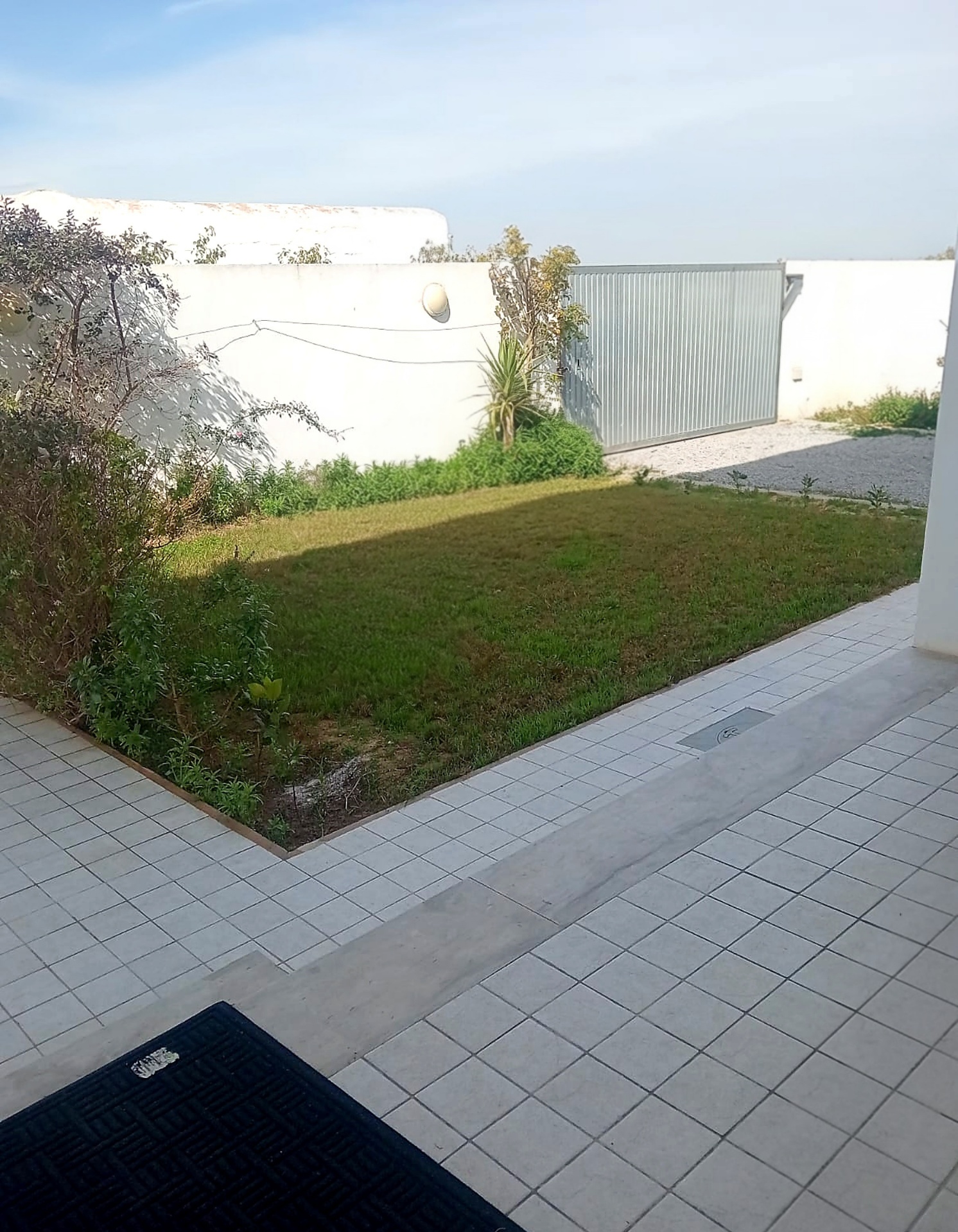 Side garden lawn with tiled terrace and gated driveway