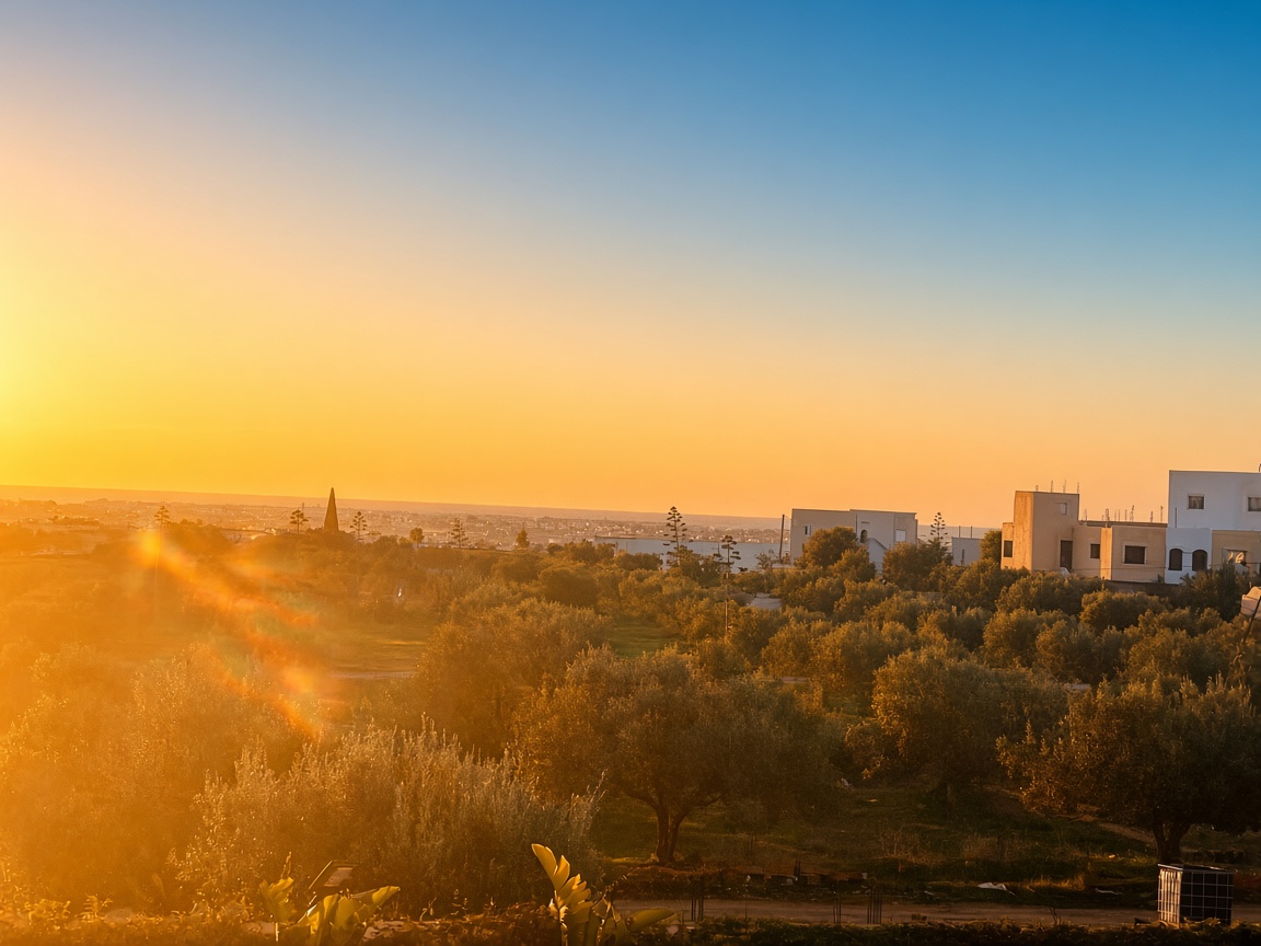 Golden sunset over the olive groves and the sea from the villa